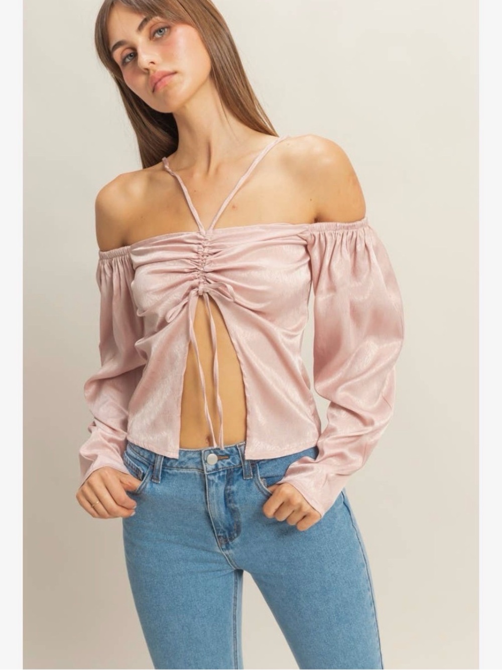 HYFVE Blush Pink Satin Ruched Off Shoulder Tie Front Blouse Size S M L NWT